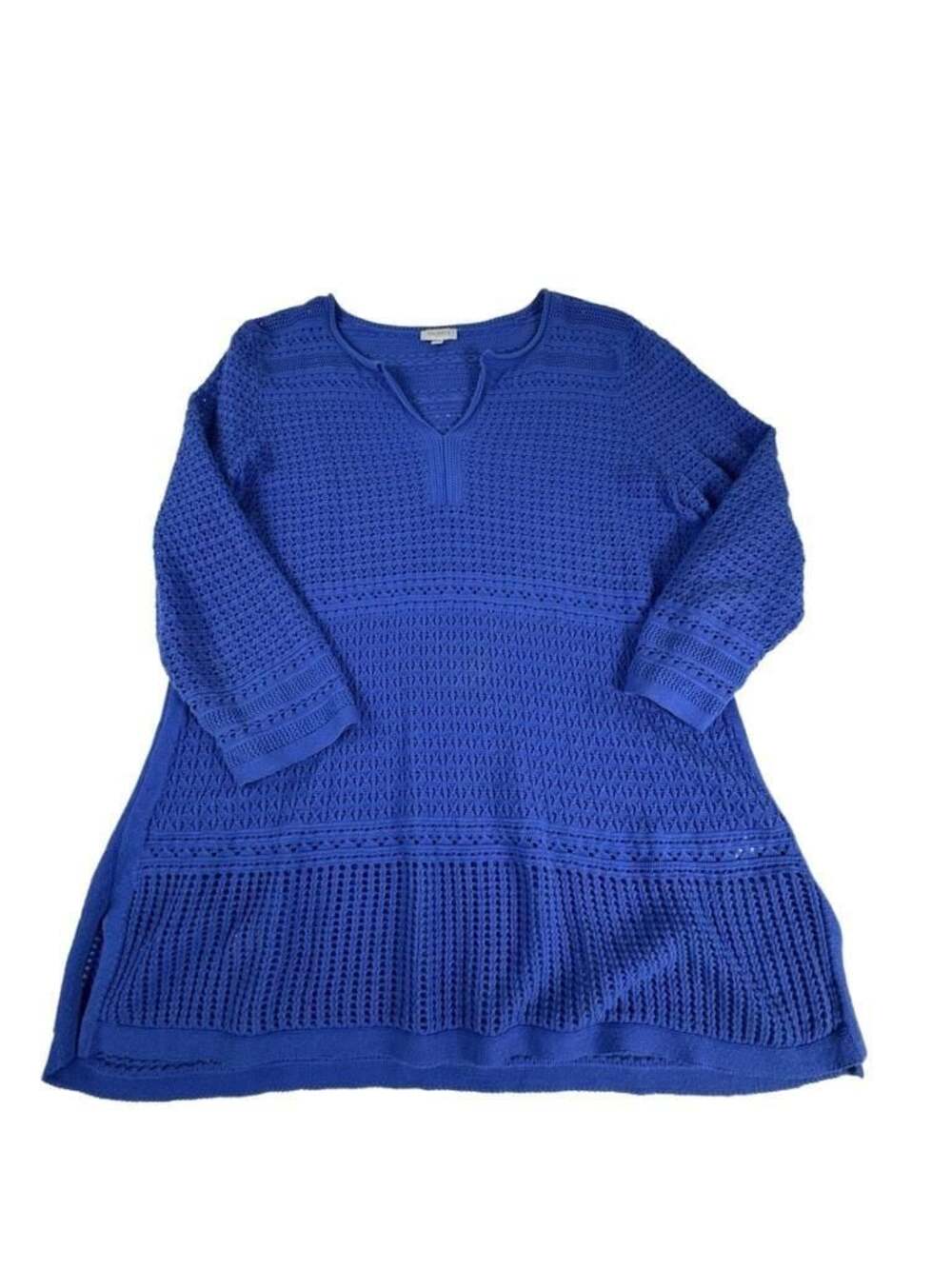 Talbots Women's Royal Blue 100% Cotton Split-Neck Open-Stitch 3/4 Sleeve Tunic S